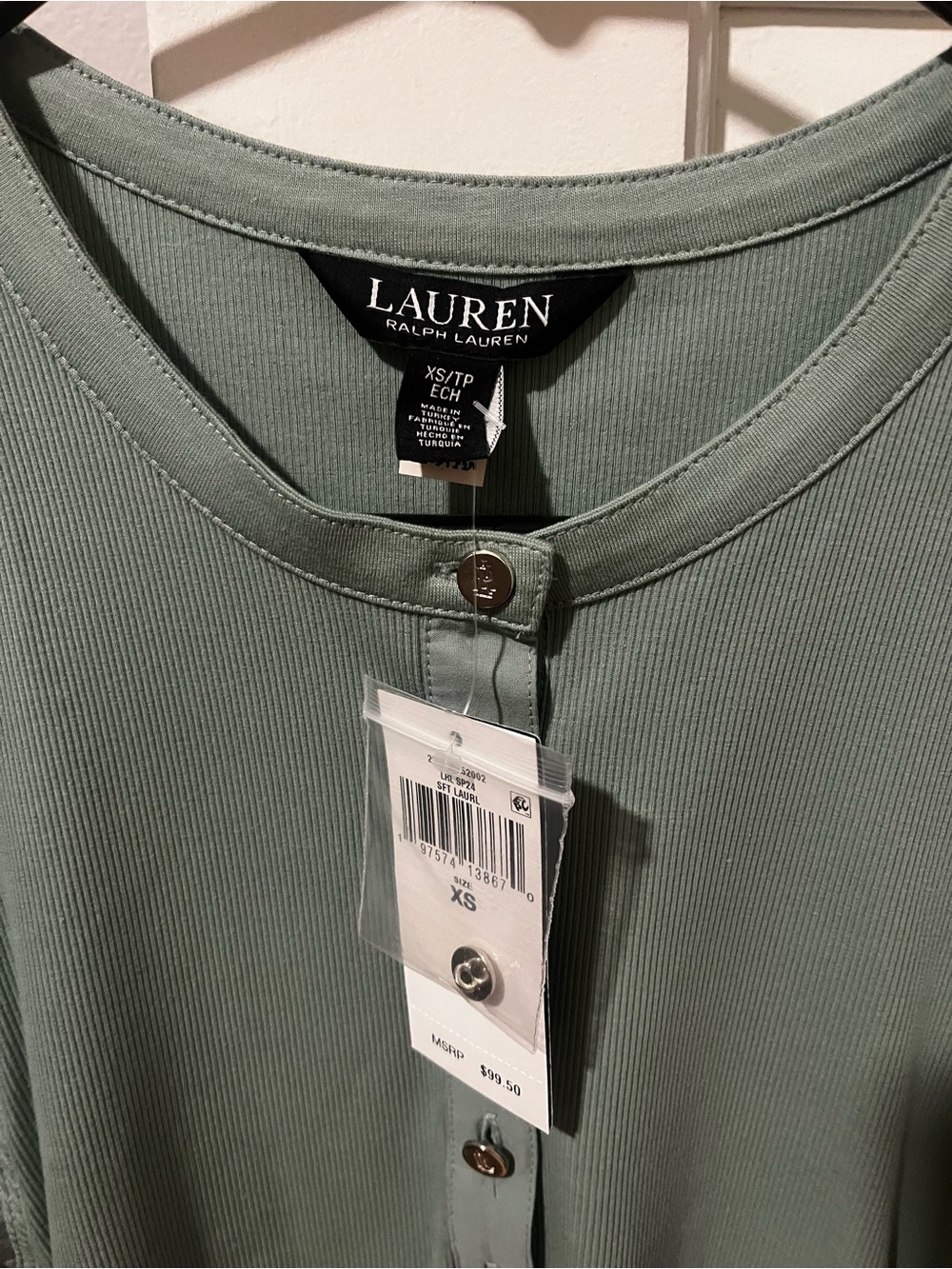 Ralph Lauren Sage Green Puff Sleeve Button-Front Top - Picture 2 of 12